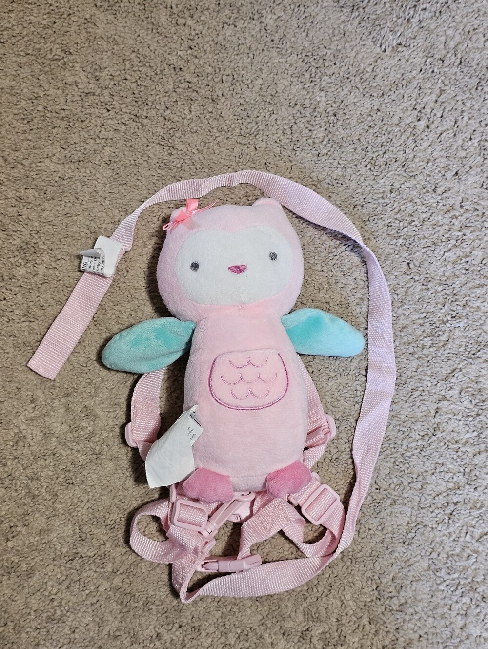 Carters Child Of Mine 10" Pink Plush Owl Backpack / Adjustable Safety Harness